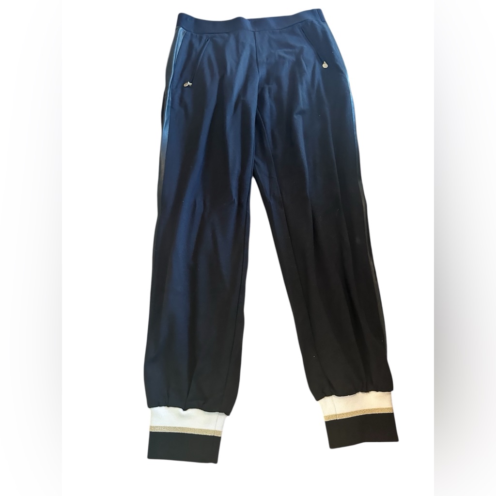 Women’s Black Track Pants With Contrast White & Gold Metallic Cuffs Size S